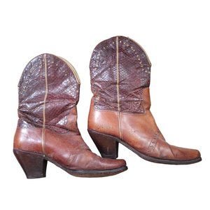 Ottorino Bossi Snakeskin Cowboy Boots Womens 7 Brown Heel Booties 37.5